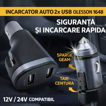 Incarcatoare Auto - Incarcator auto 2 USB Olesson 1648 cu ciocan spart geam si taiere centura 12V 24V