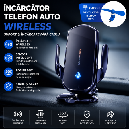 Suporti Telefon Auto - Suport telefon auto wireless cu senzor inteligent pentru grila ventilatie