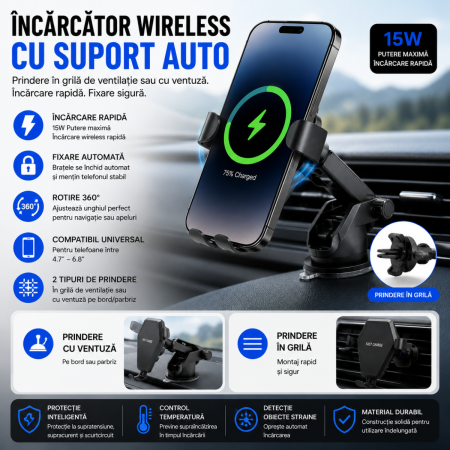 Suporti Telefon Auto - Incarcator telefon auto wireless cu suport si prindere grila sau ventuza