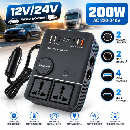 Invertor Auto - Invertor Auto 12V/24V la 220V 200W 2 Prize, 6 USB Olesson