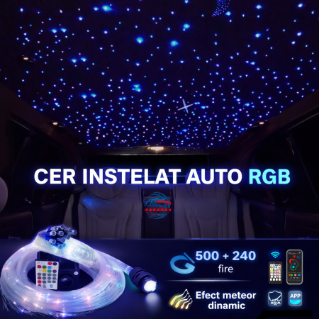 Lumini Ambientale Auto - Kit fibra optica RGB plafon cer instelat auto 500 + 240 fire, efect meteor, control APP, iluminare ambientala interior 12V