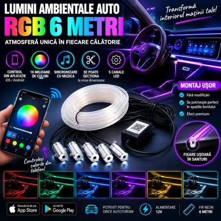 Lumini Ambientale Auto - Kit lumini ambientale RGB 6m 5 canale cu aplicatie
