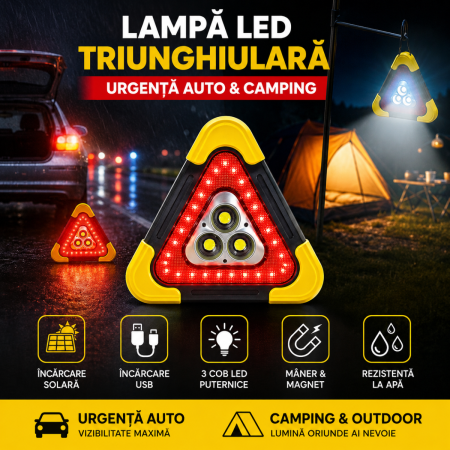 Lanterne - Lampa LED urgenta auto triunghiulara 3 COB cu incarcare solara si USB