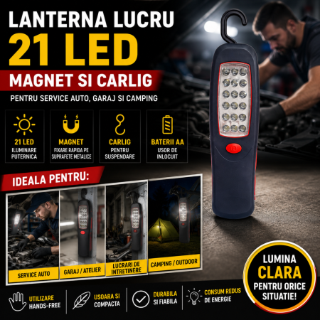 ACCESORII AUTO - Lanterna lucru 21 LED cu magnet si carlig, pentru service auto, garaj si camping