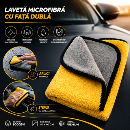 Accesorii Curatare Auto - Laveta microfibra cu fata dubla 40x40 cm 900GSM pentru detailing auto