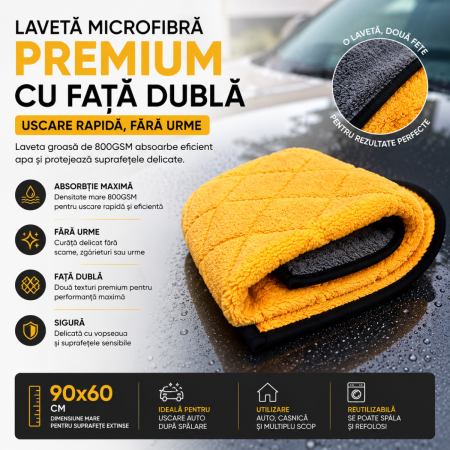 Accesorii Curatare Auto - Laveta microfibra premium cu fata dubla 90x60 cm 800GSM pentru uscare auto