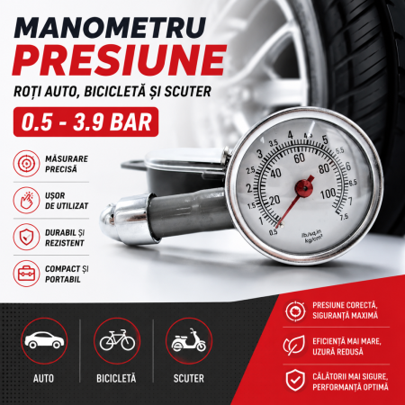 Accesorii Vulcanizare Auto - Manometru presiune roti auto bicicleta si scuter 0.5-3.9 Bar