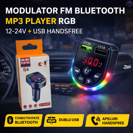 NOUTATI IN STOC - Modulator FM Bluetooth auto S4 MP3 player RGB cu afisaj digital 12-24V USB handsfree