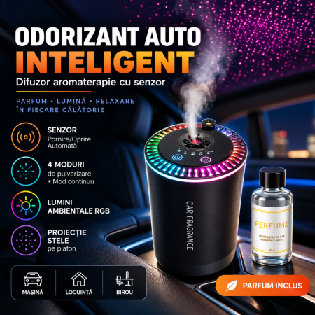 Odorizante Auto - Odorizant Auto Inteligent cu Senzor, Difuzor Aromaterapie, RGB si Proiector Stele