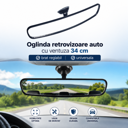 Accesorii Siguranta Auto - Oglinda retrovizoare auto cu ventuza 34 cm, brat reglabil, universala