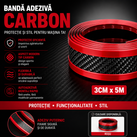 SERVICE & INTRETINERE AUTO - Ornament protectie banda adeziva carbon pentru usa prag bara 3cm x 5m