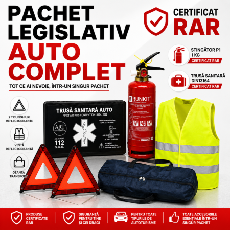 Accesorii Siguranta Auto - Pachet legislativ auto complet certificat RAR cu stingator P1 1kg si trusa DIN13164