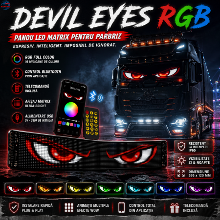 ILUMINARE AUTO - Panou LED auto matrix RGB Devil Eyes afisaj parbriz control aplicatie Bluetooth telecomanda 595x120 mm