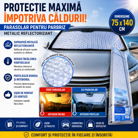 Parasolare Auto - Parasolar parbriz auto metalic holografic 75x140 cm cu ventuze
