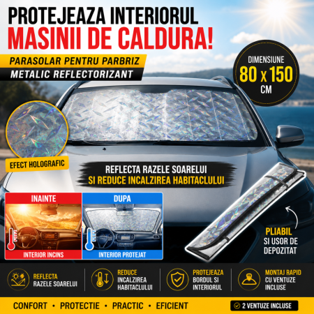 ACCESORII AUTO - Parasolar parbriz auto pliant reflectorizant 80x150 cm cu ventuze