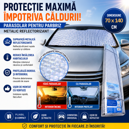 Parasolare Auto - Parasolar parbriz auto metalic holografic 70x140 cm cu ventuze