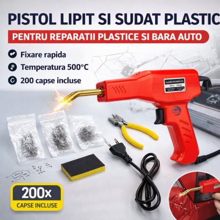 Kit-uri Reparatii Auto - Pistol lipit si sudat plastic 50W cu 200 capse reparatii plastice si bara auto