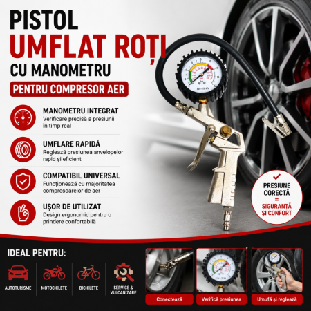 Accesorii Vulcanizare Auto - Pistol umflare roti cu manometru pentru compresor aer