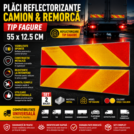 Accesorii Siguranta Auto - Placi reflectorizante camion remorca tip fagure 55 x 12.5 cm, set 2 buc metalice