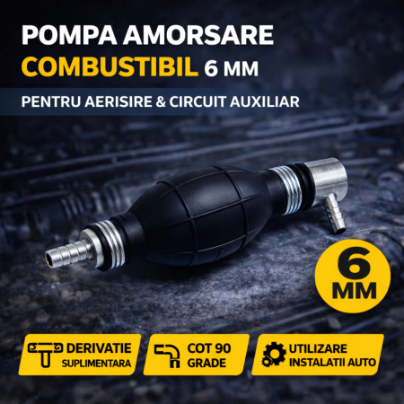 NOUTATI IN STOC - Pompa amorsare combustibil 8mm tip para cu supapa anti-retur si derivatie L cot 90 grade