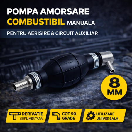 Pompa Transfer Combustibil - Pompa amorsare combustibil 8mm tip para cu supapa si derivatie L cot 90 grade