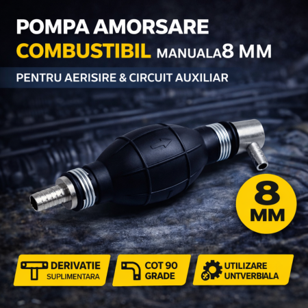 NOUTATI IN STOC - Pompa amorsare combustibil 8mm tip para cu supapa si derivatie L cot 90 grade