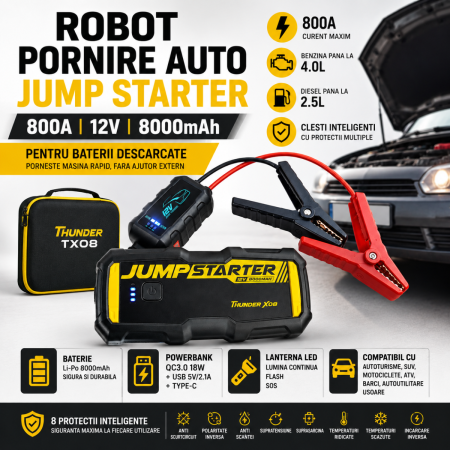 NOUTATI IN STOC - Robot pornire auto Jump Starter 800A 12V 8000mAh pentru baterii descarcate