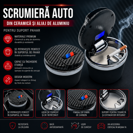 Scrumiere Auto - Scrumiera auto premium din ceramica cu design carbon