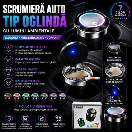 Scrumiere Auto - Scrumiera auto din ceramica cu lumini ambientale LED RGB tip oglinda