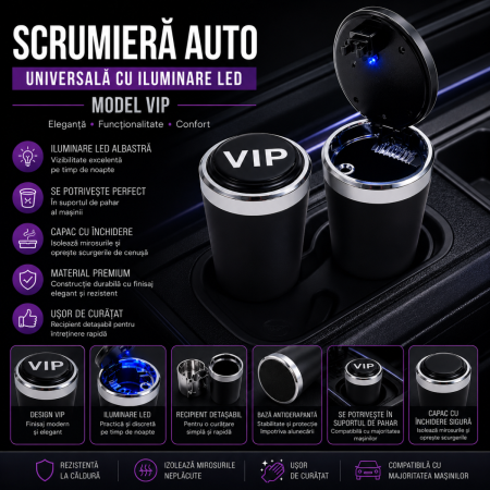 Scrumiere Auto - Scrumiera auto cu iluminare LED universala cu capac pentru masina