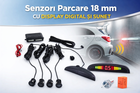 Senzori Parcare Auto - Senzori parcare 18 mm cu display digital si sunet 12V cu mufe universale negru gri alb