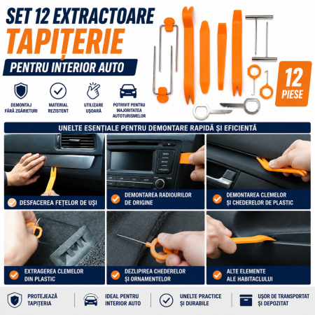 Scule si Chei Auto - Set 12 extractoare tapiterie pentru interior auto demontare cleme si ornamente