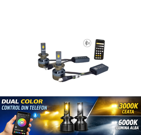 NOUTATI IN STOC - Set 2 Becuri LED H7 Dual Color 3000K / 6000K Control APP Bluetooth Canbus pentru Faruri Auto Plug & Play 12V