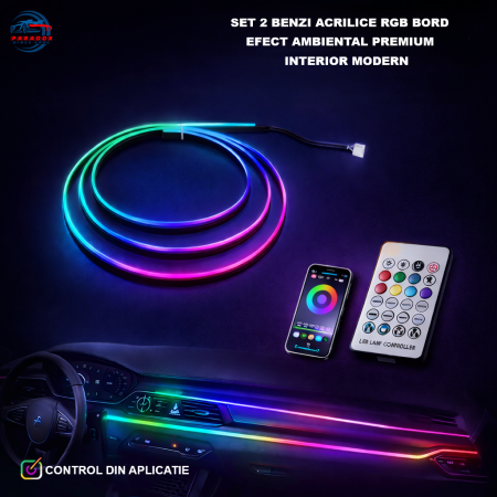 Lumini Ambientale Auto - Set 2 Benzi Acrilice LED RGB Symphony Auto 110cm + 35cm – Iluminare Ambientala Interior, Control Aplicatie, Alimentare USB 12V