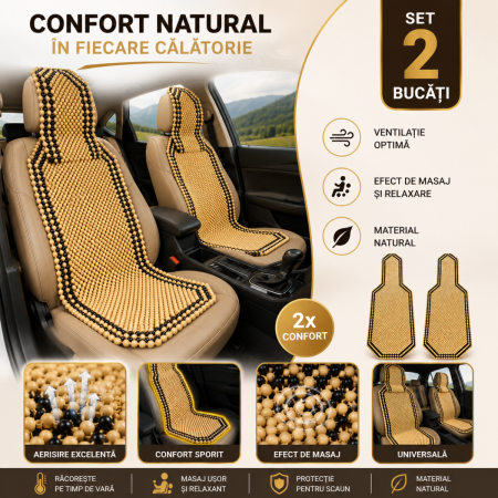 NOUTATI IN STOC - Set 2 huse scaun auto universale cu bile lemn masaj 128x40 cm