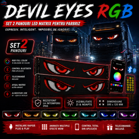 ILUMINARE AUTO - Set 2 panouri LED auto RGB Devil Eyes afisaj parbriz control aplicatie Bluetooth telecomanda