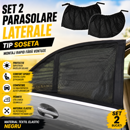 Parasolare Auto - Set 2 parasolare laterale spate auto elastice tip soseta negre