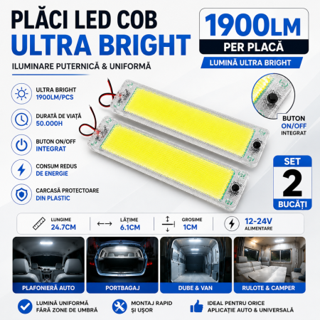 NOUTATI IN STOC - Set 2 placi LED COB ultra bright cu buton ON/OFF 1900LM 24.7CM 12V pentru interior auto