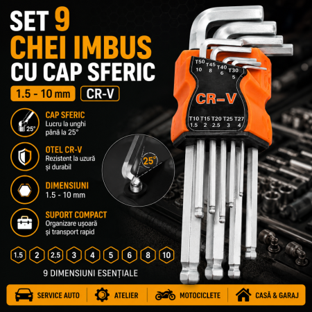 Scule si Chei Auto - Set 9 chei imbus CR-V cu cap sferic 1.5-10 mm