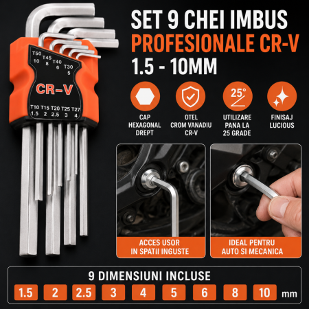 Scule si Chei Auto - Set chei imbus profesionale CR-V 9 piese 1.5-10mm pentru auto si mecanica