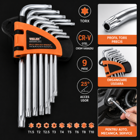Scule si Chei Auto - Set chei Torx profesionale CR-V 9 piese 1.5-10mm pentru auto si mecanica