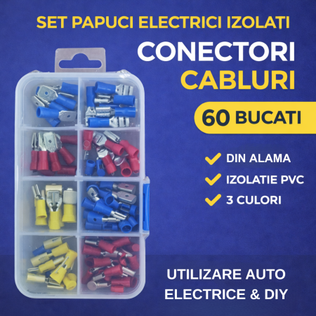 Papuci / Conectori Electrici - Set papuci electrici izolati 60 bucati conectori cabluri auto terminale sertizare PVC