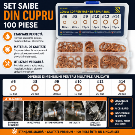 Saibe Auto - Set saibe cupru 100 piese pentru etansare auto diverse dimensiuni