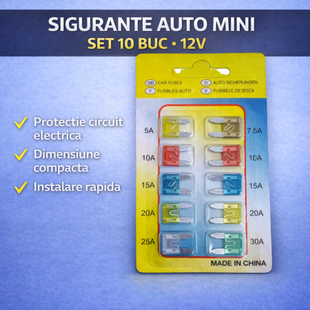 Sigurante Auto - Sigurante auto mini plate set 10 buc 12V tip lama pentru siguranta electrica masina