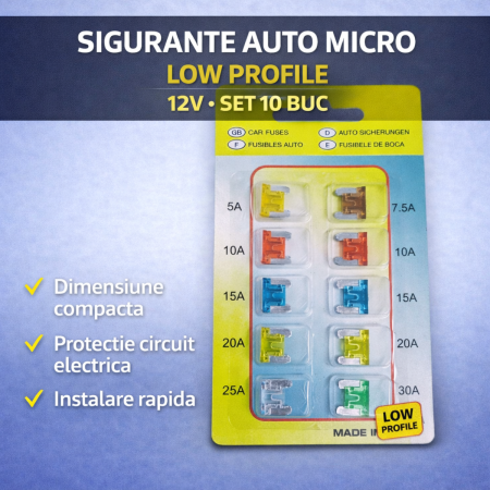Sigurante Auto - Sigurante auto plate micro low profile 10 buc 12V set sigurante mini profil redus