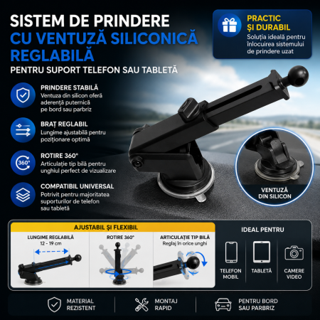 Suporti Telefon Auto - Sistem prindere cu ventuza siliconica reglabila pentru suport telefon