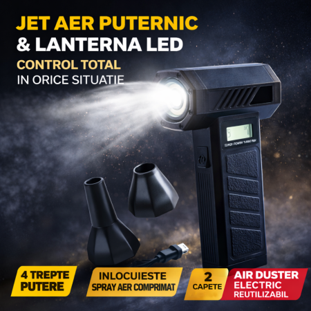 ELECTRICE AUTO - Suflanta aer comprimat portabila Turbo Fan P30 wireless air duster electric cu afisaj digital 4 trepte putere lanterna LED USB 2 capete