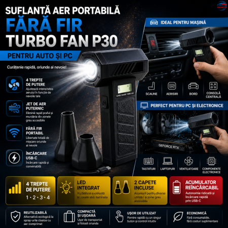 Accesorii Curatare Auto - Suflanta aer portabila fara fir Turbo Fan P30 pentru auto si PC