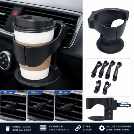 Suporti Pahar Auto - Suport auto pentru pahar cu prindere in grila ventilatie, reglabil, universal