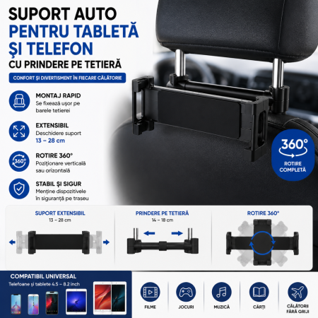 Suporti Telefon Auto - Suport auto pentru tableta si telefon cu prindere tetiera
